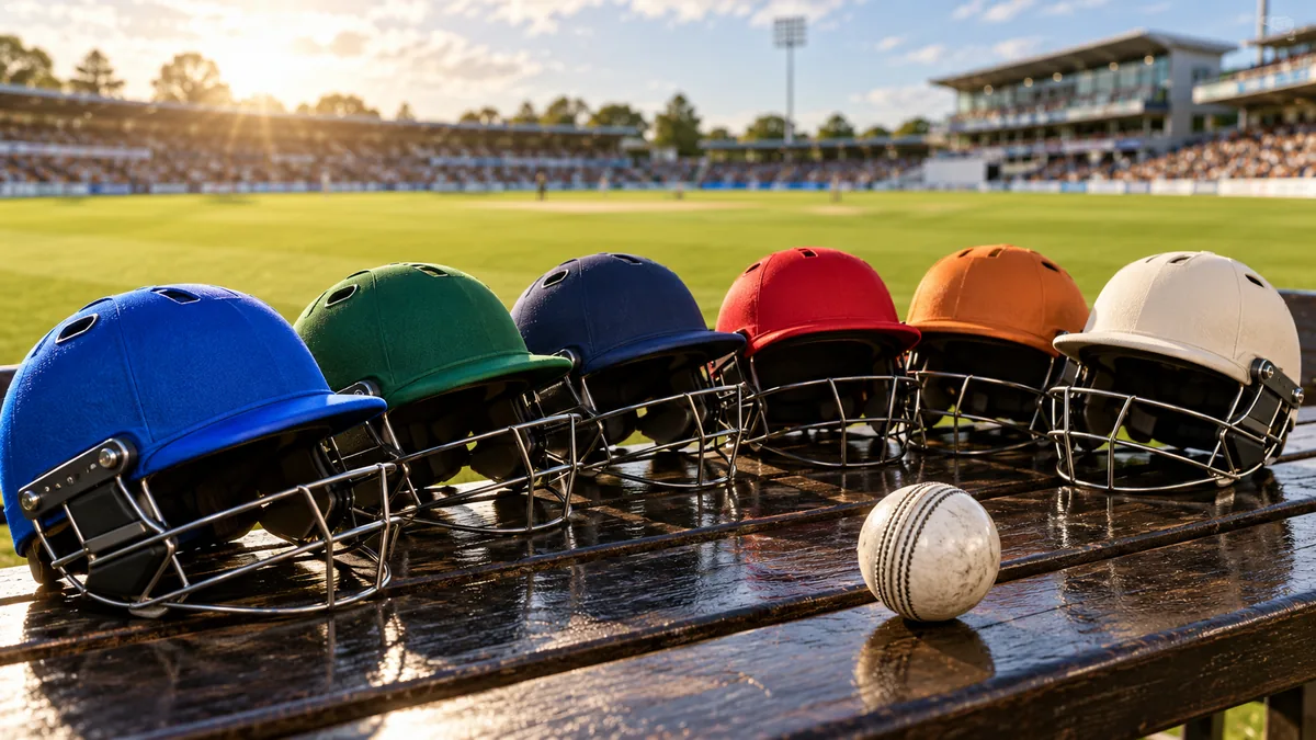 Six coloured cricket helmets representing a tournament group
