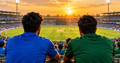 Two supporters in blue and green watching an imagined cricket match