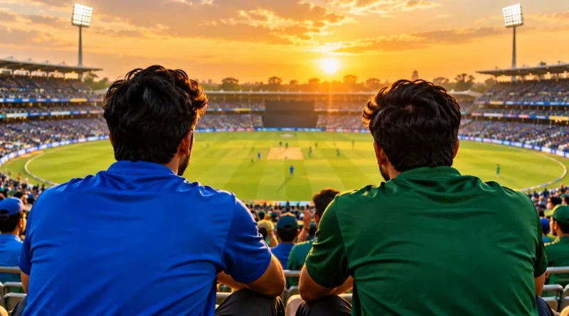 Two supporters in blue and green watching an imagined cricket match