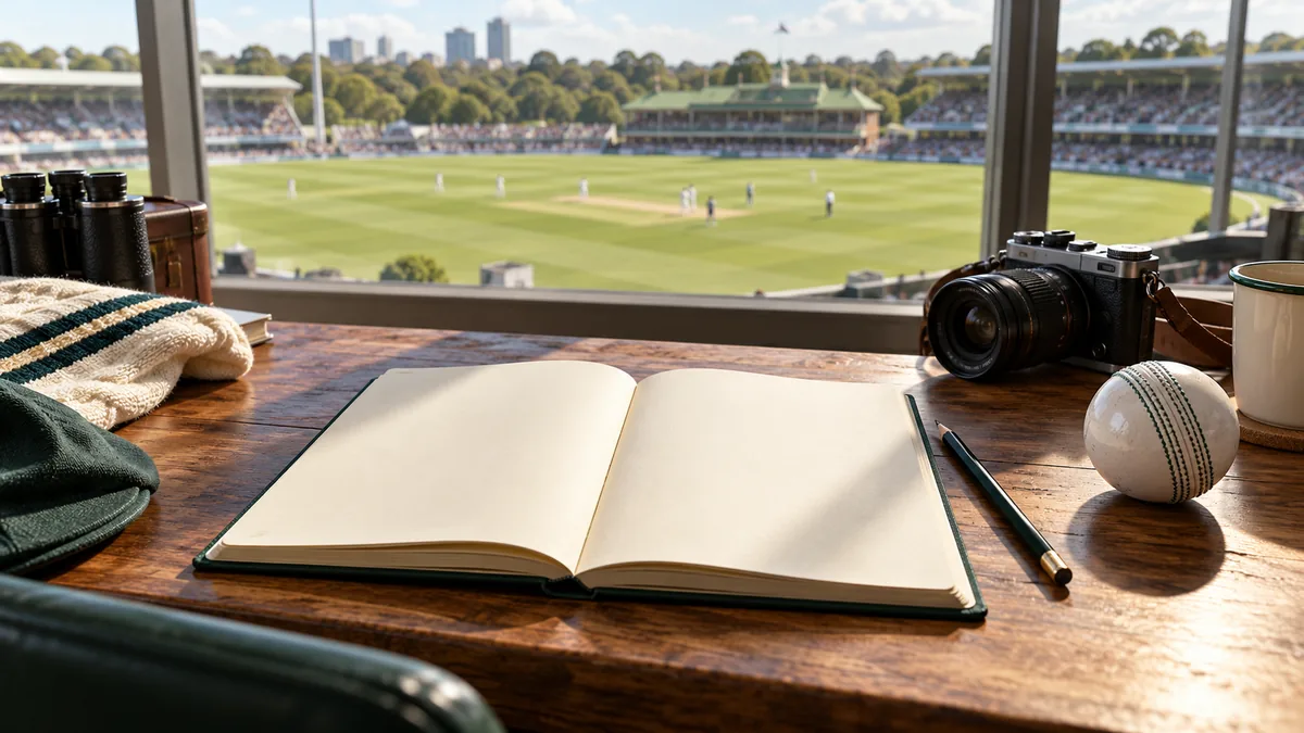Blank notebook, camera and cricket ball in an imagined press box