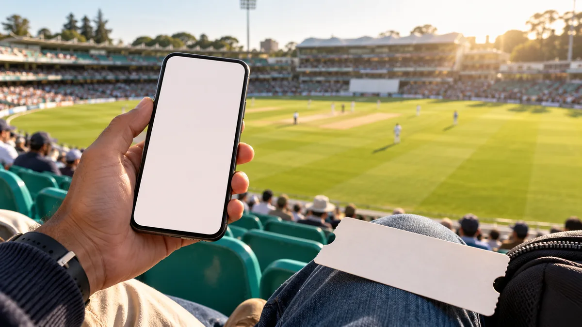 Spectator holding a blank phone and entry card beside a cricket ground