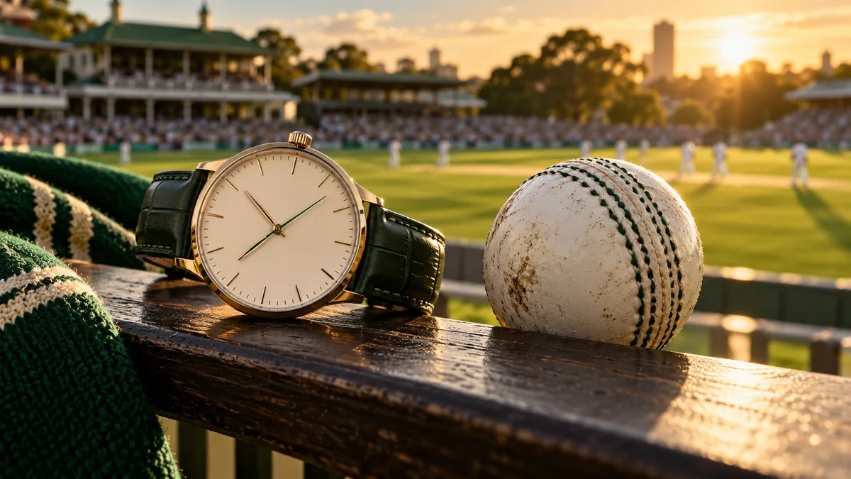 Analog watch and white cricket ball beside a sunlit cricket field