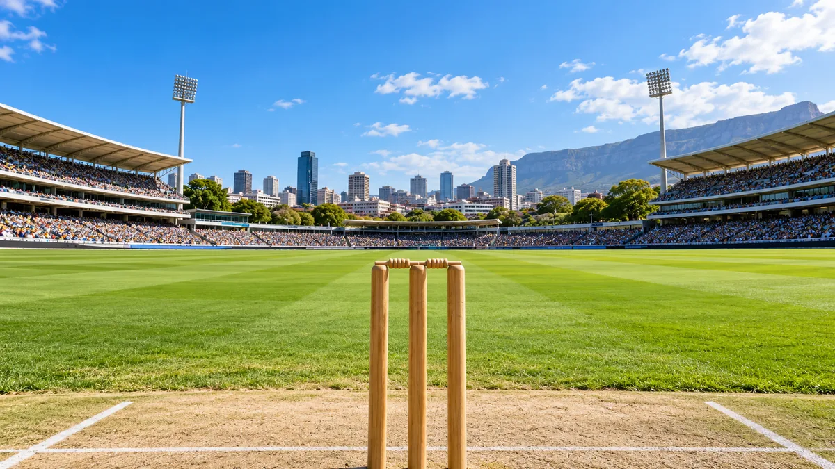 Imagined southern African cricket ground with wickets in the foreground
