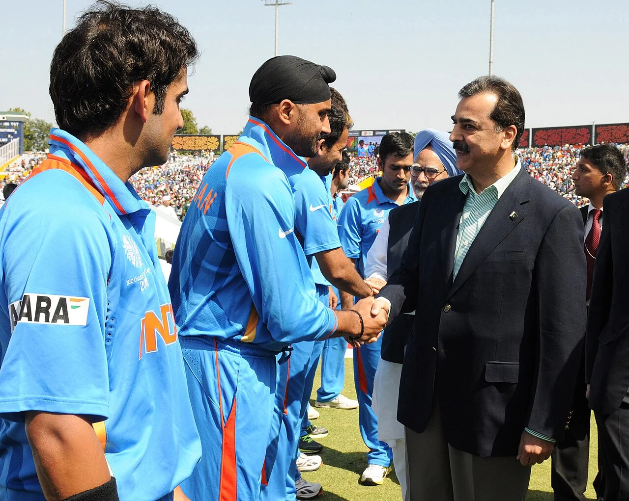 Indian players meet Pakistan prime minister Yousuf Raza Gilani before the 2011 World Cup semi-final in Mohali.