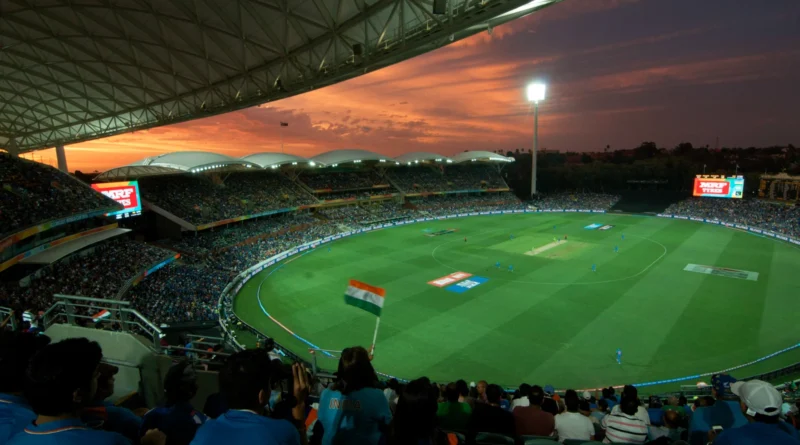 Adelaide Oval at sunset during India versus Pakistan at the 2015 Cricket World Cup.