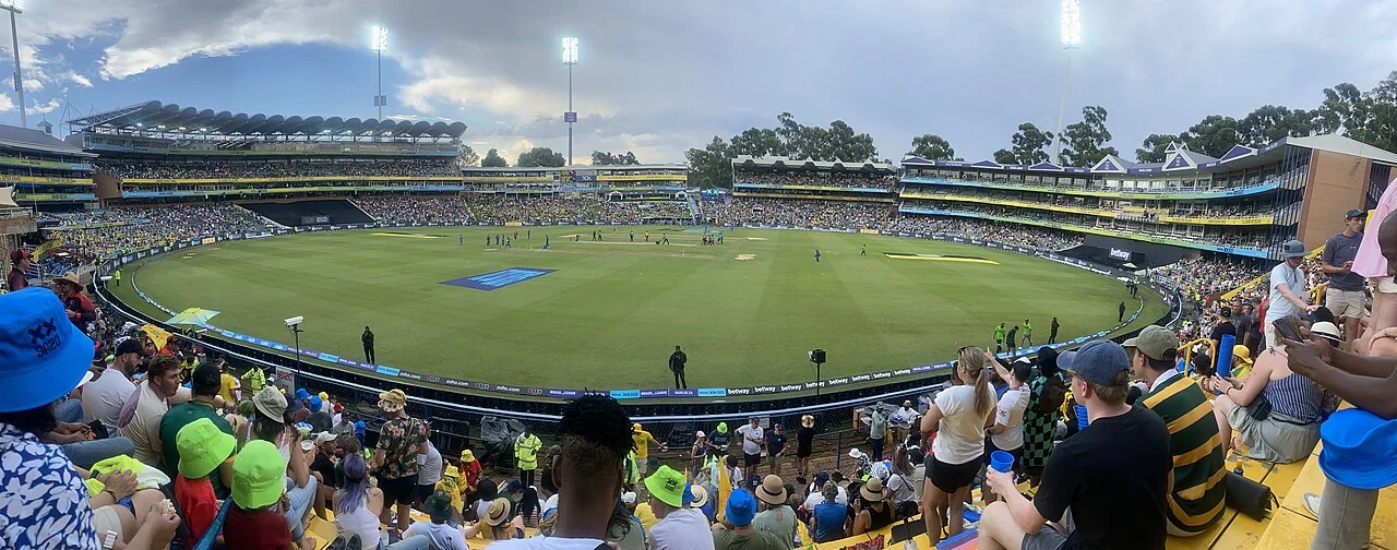 Panoramic view of Wanderers Stadium during a Joburg Super Kings versus MI Cape Town match in 2024.