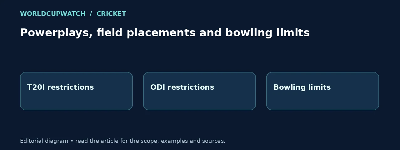 Powerplays, field placements and bowling limits. Diagram: T20I restrictions, ODI restrictions, Bowling limits.