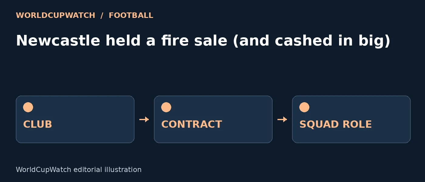 Diagram for Newcastle held a fire sale (and cashed in big), showing club, contract and squad role.