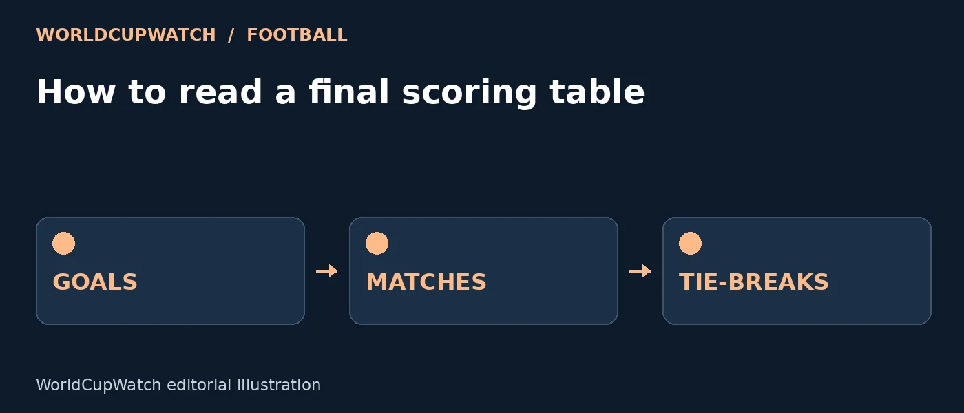 Diagram for How to read a final scoring table, showing goals, matches and tie-breaks.